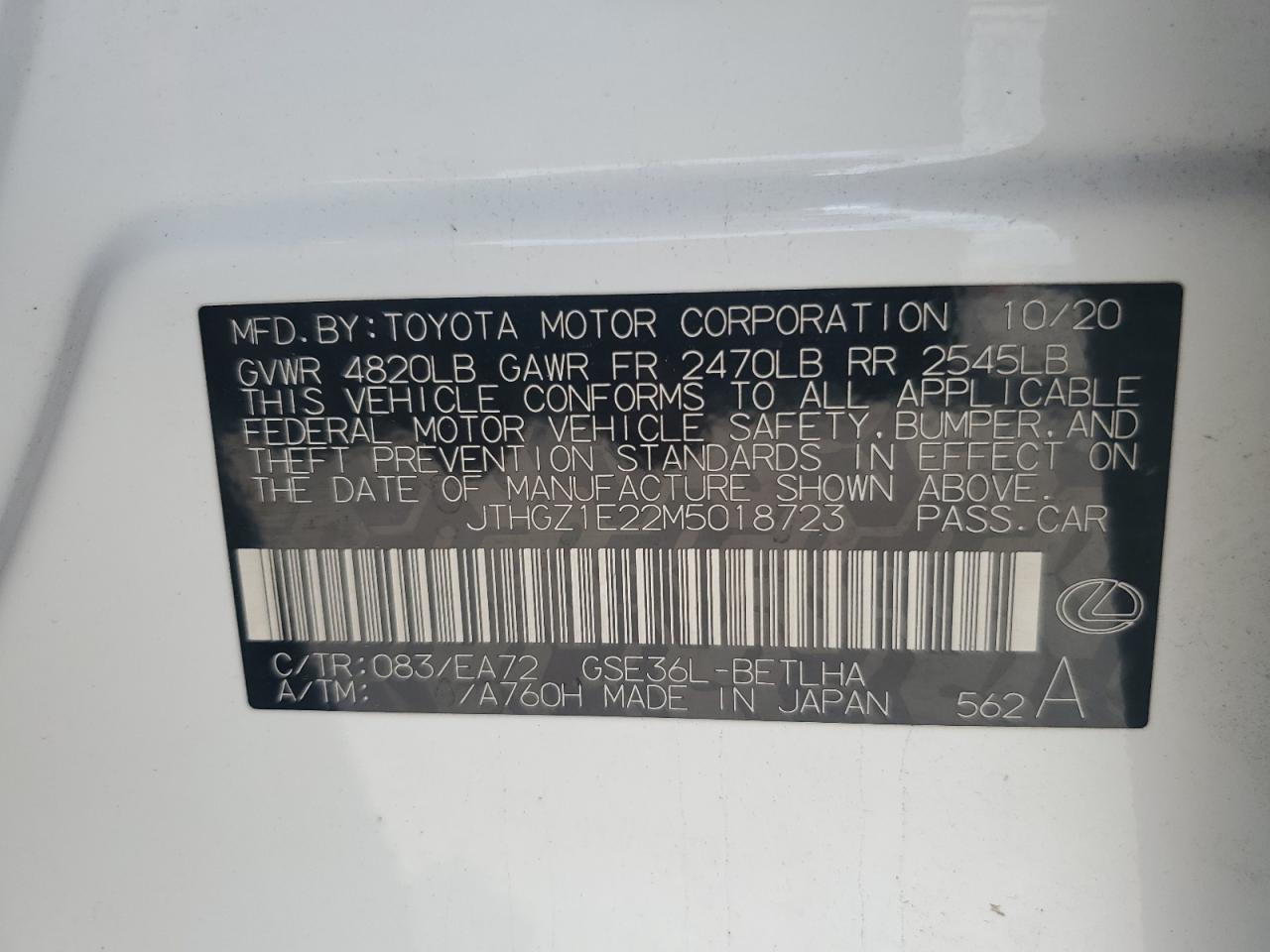 2021 Lexus Is 350 F-Sport VIN: JTHGZ1E22M5018723 Lot: 64824224