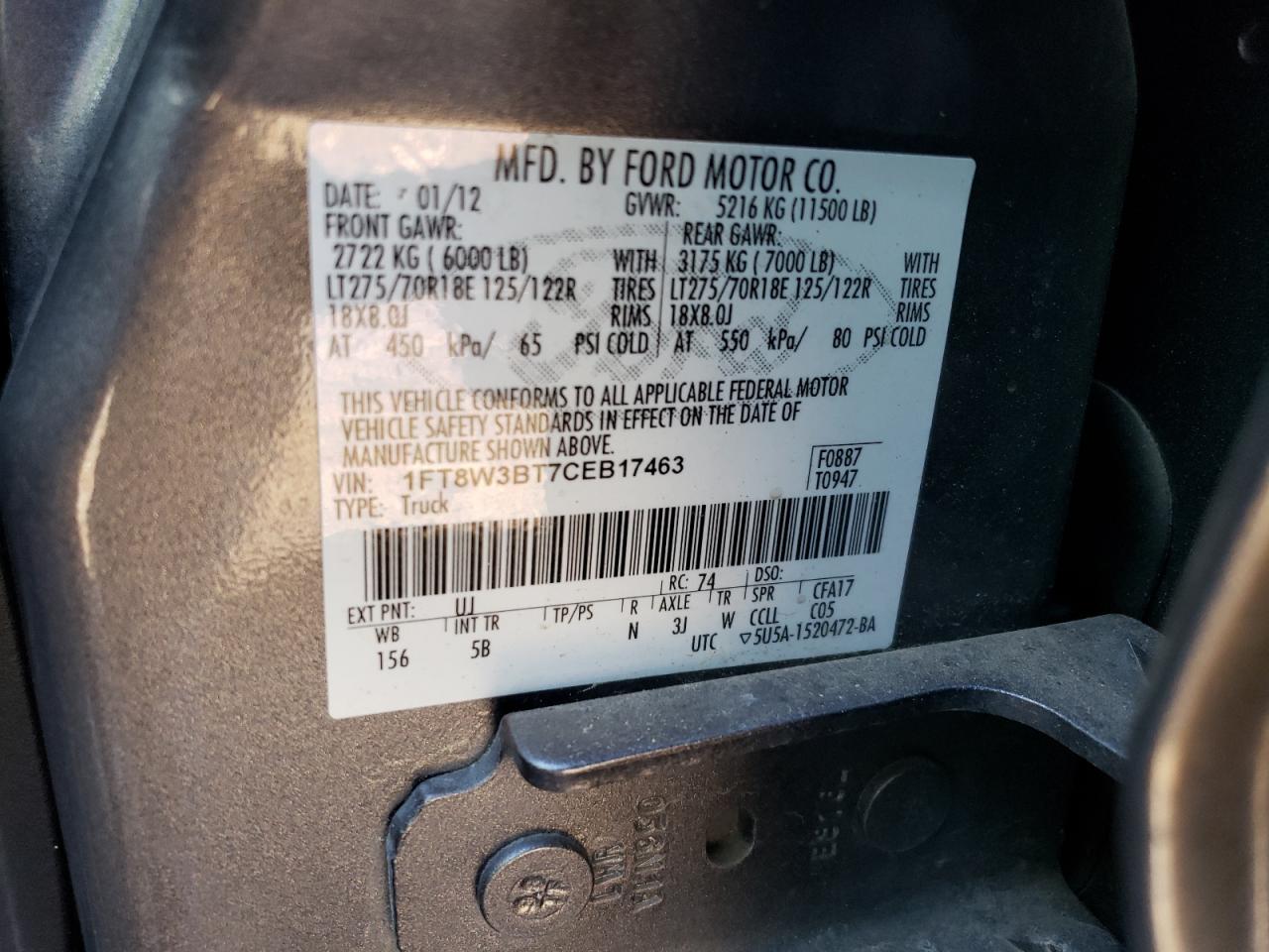 2012 Ford F350 Super Duty VIN: 1FT8W3BT7CEB17463 Lot: 61342924