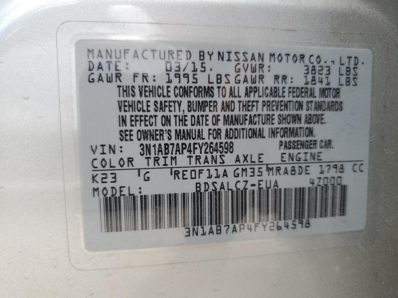 3N1AB7AP4FY264598 2015 Nissan Sentra S