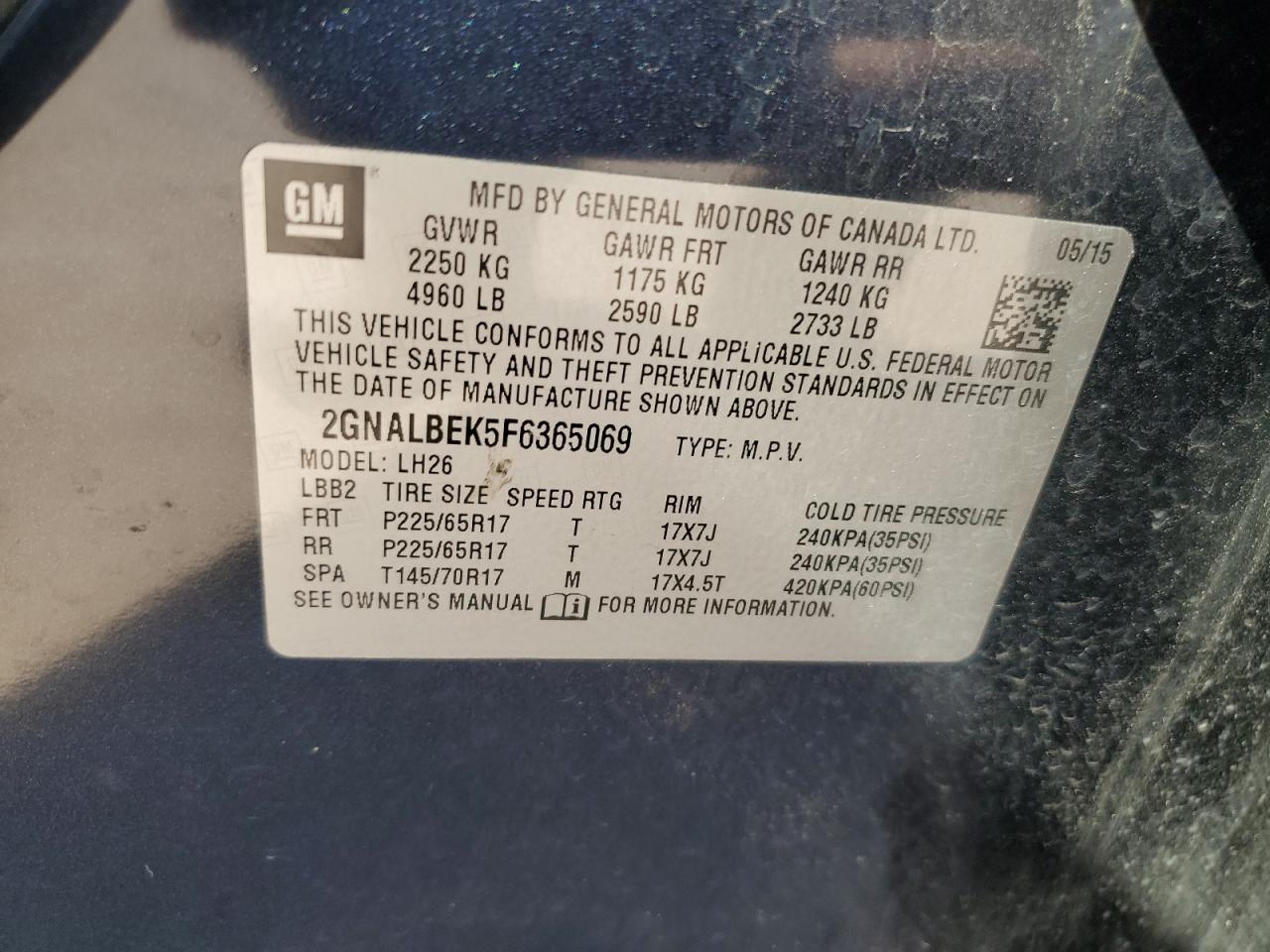 2015 Chevrolet Equinox Lt VIN: 2GNALBEK5F6365069 Lot: 62863624