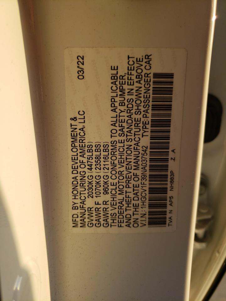 2022 Honda Accord Sport VIN: 1HGCV1F39NA037542 Lot: 64194874