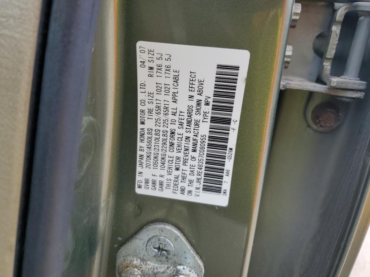 2007 Honda Cr-V Lx VIN: JHLRE48357C080955 Lot: 64786664