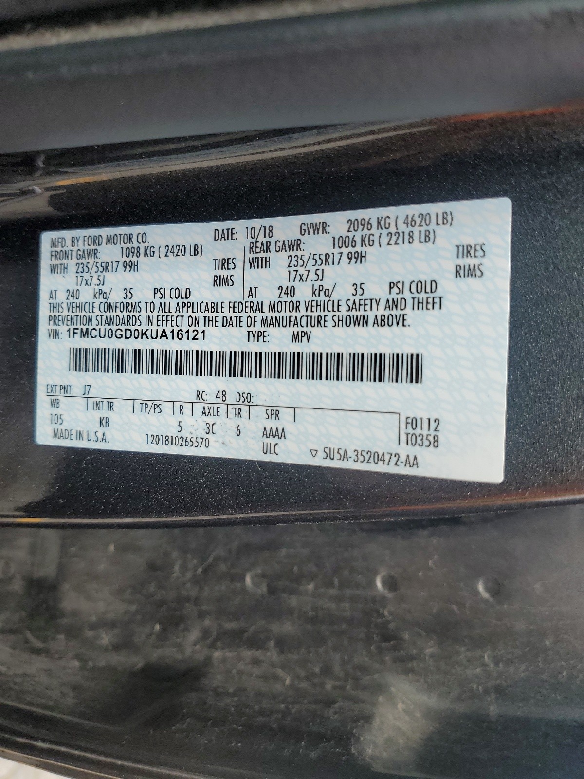 1FMCU0GD0KUA16121 2019 Ford Escape Se