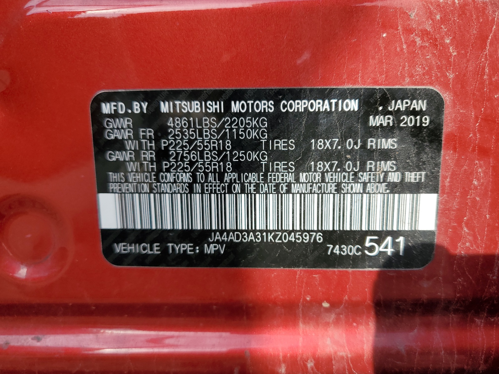 JA4AD3A31KZ045976 2019 Mitsubishi Outlander Se