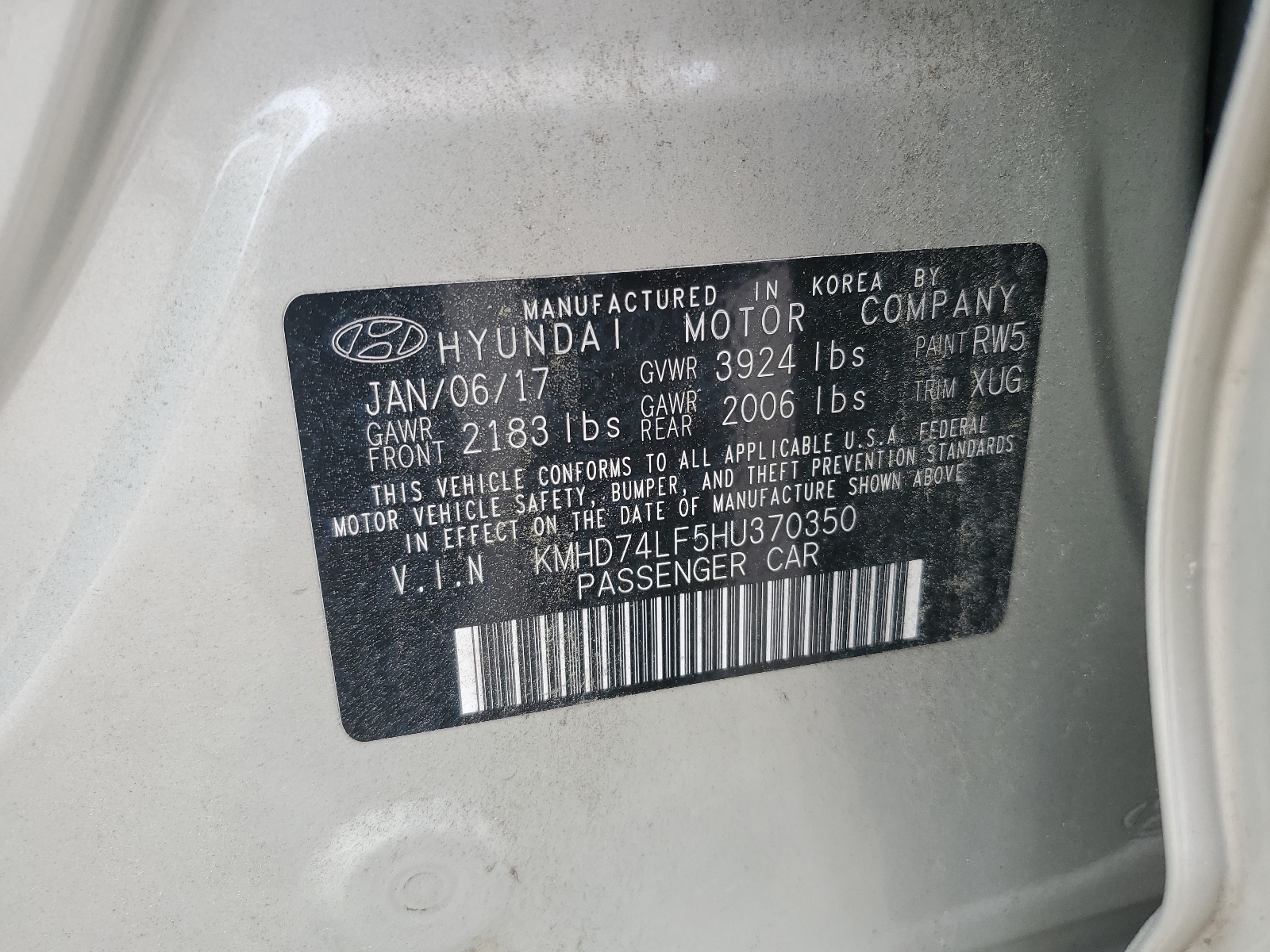 KMHD74LF5HU370350 2017 Hyundai Elantra Se