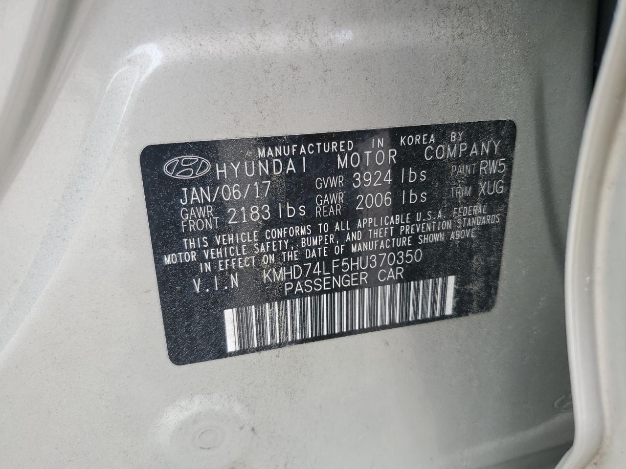 2017 Hyundai Elantra Se VIN: KMHD74LF5HU370350 Lot: 63855044