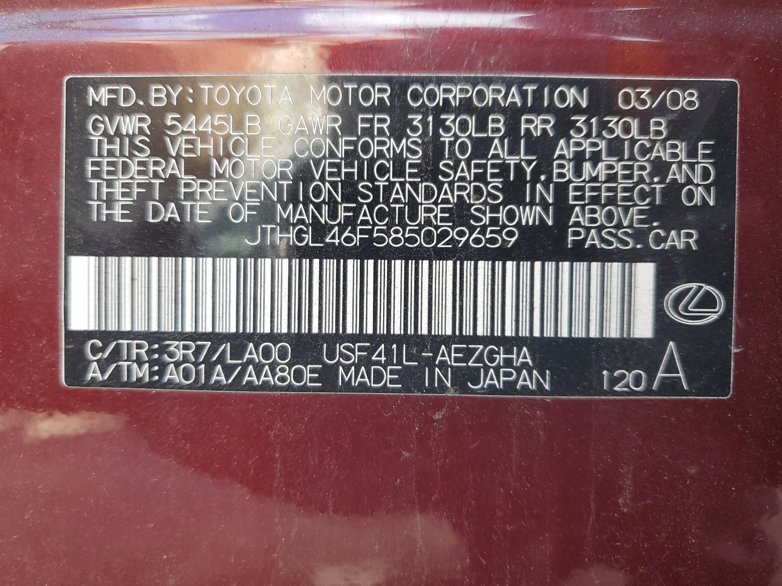 JTHGL46F585029659 2008 Lexus Ls 460L