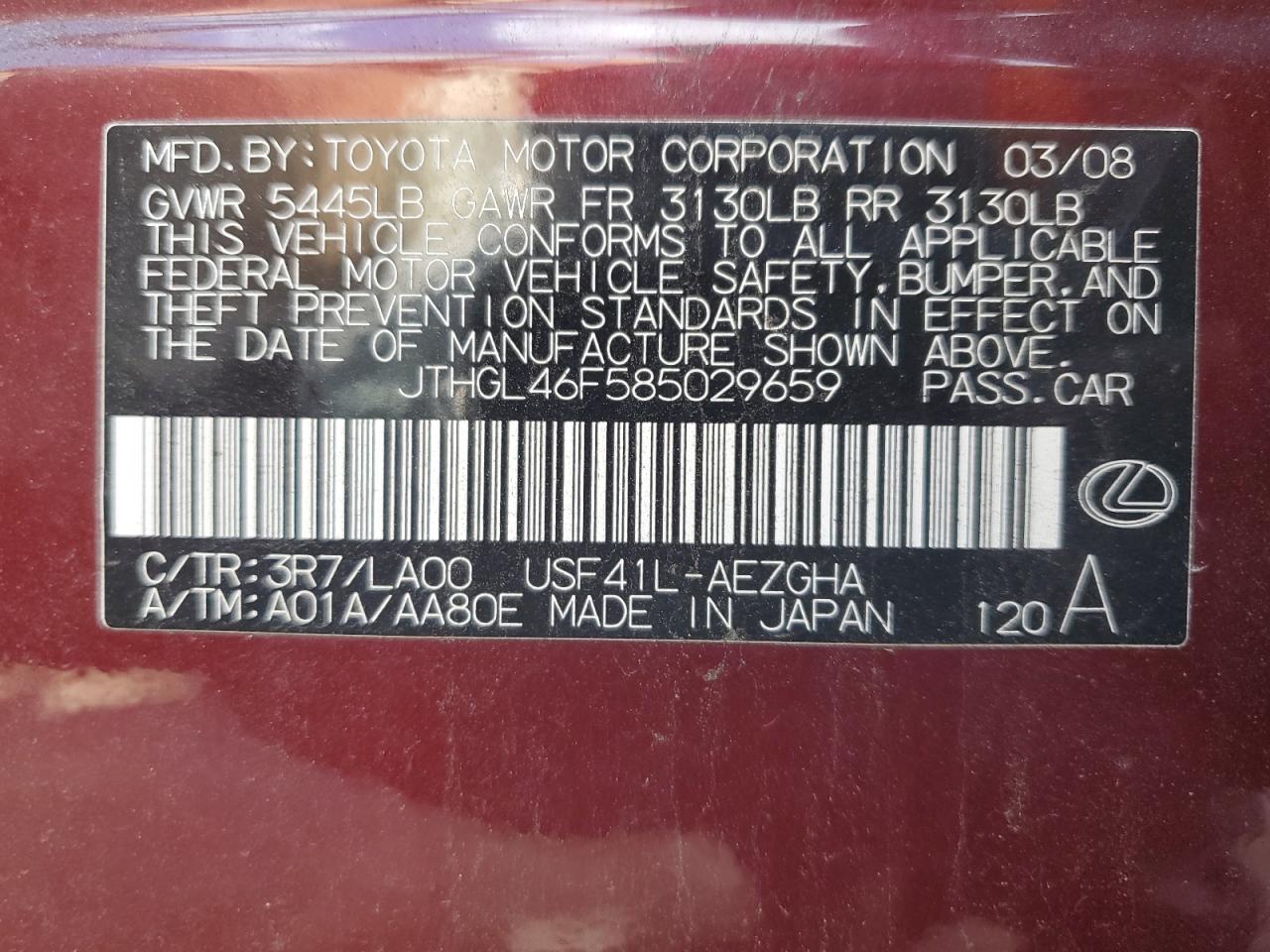 2008 Lexus Ls 460L VIN: JTHGL46F585029659 Lot: 63600954