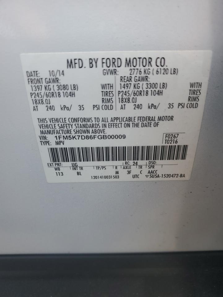 2015 Ford Explorer Xlt VIN: 1FM5K7D86FGB00009 Lot: 64791044