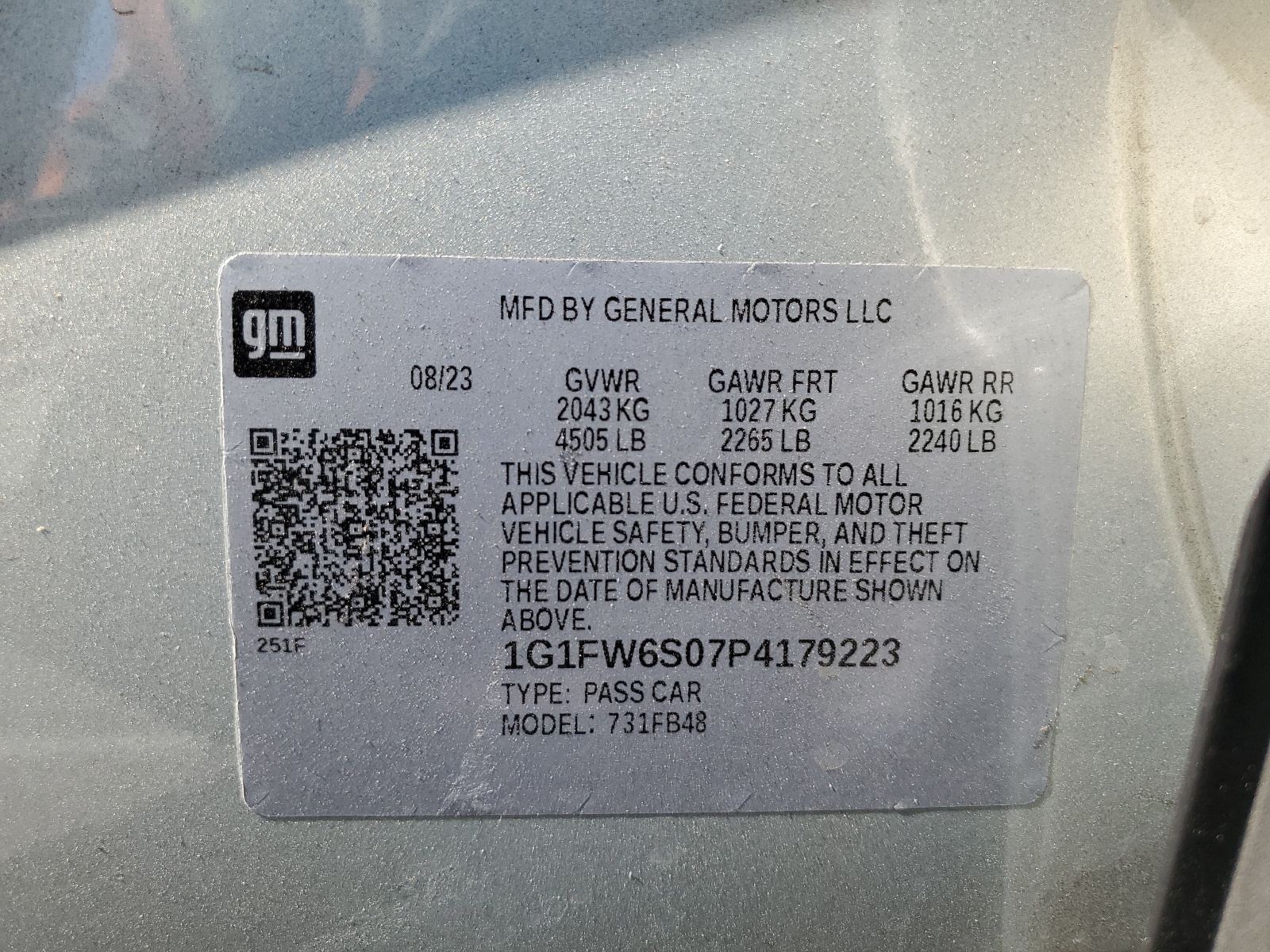 1G1FW6S07P4179223 2023 Chevrolet Bolt Ev 1Lt