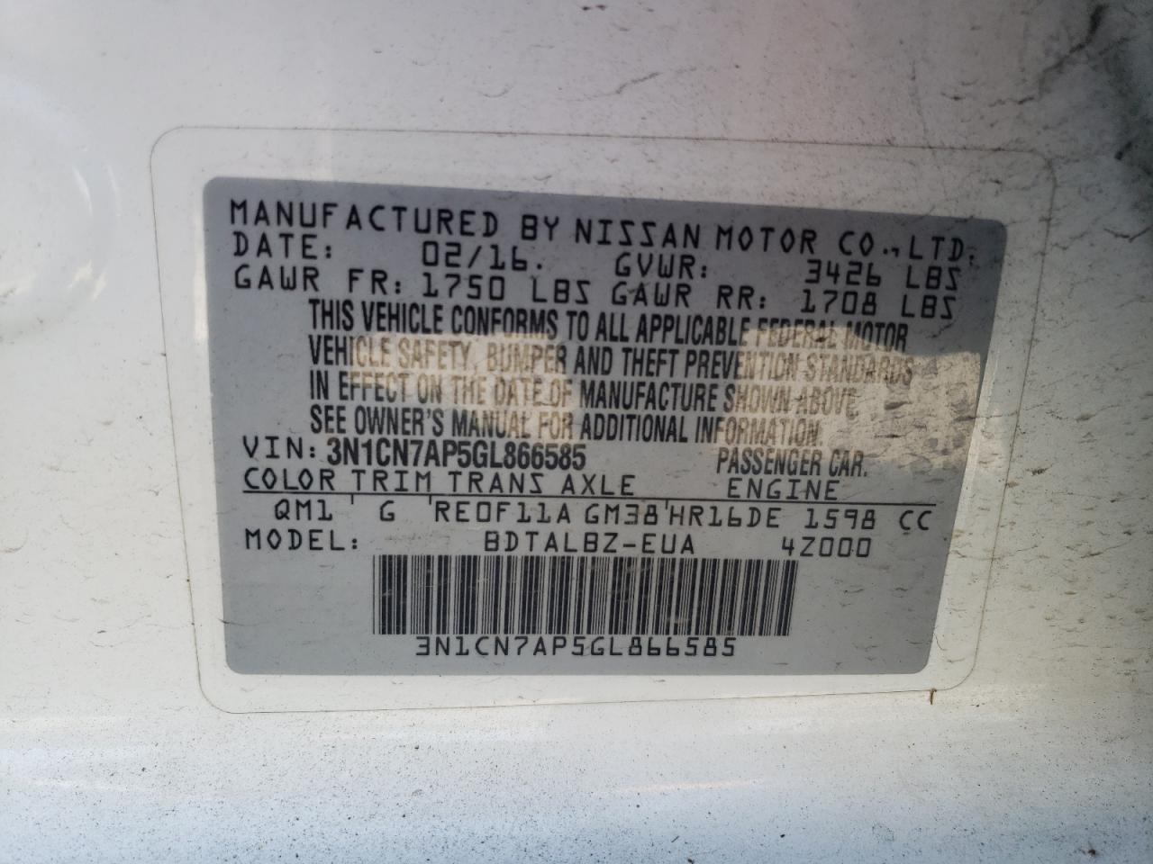 3N1CN7AP5GL866585 2016 Nissan Versa S