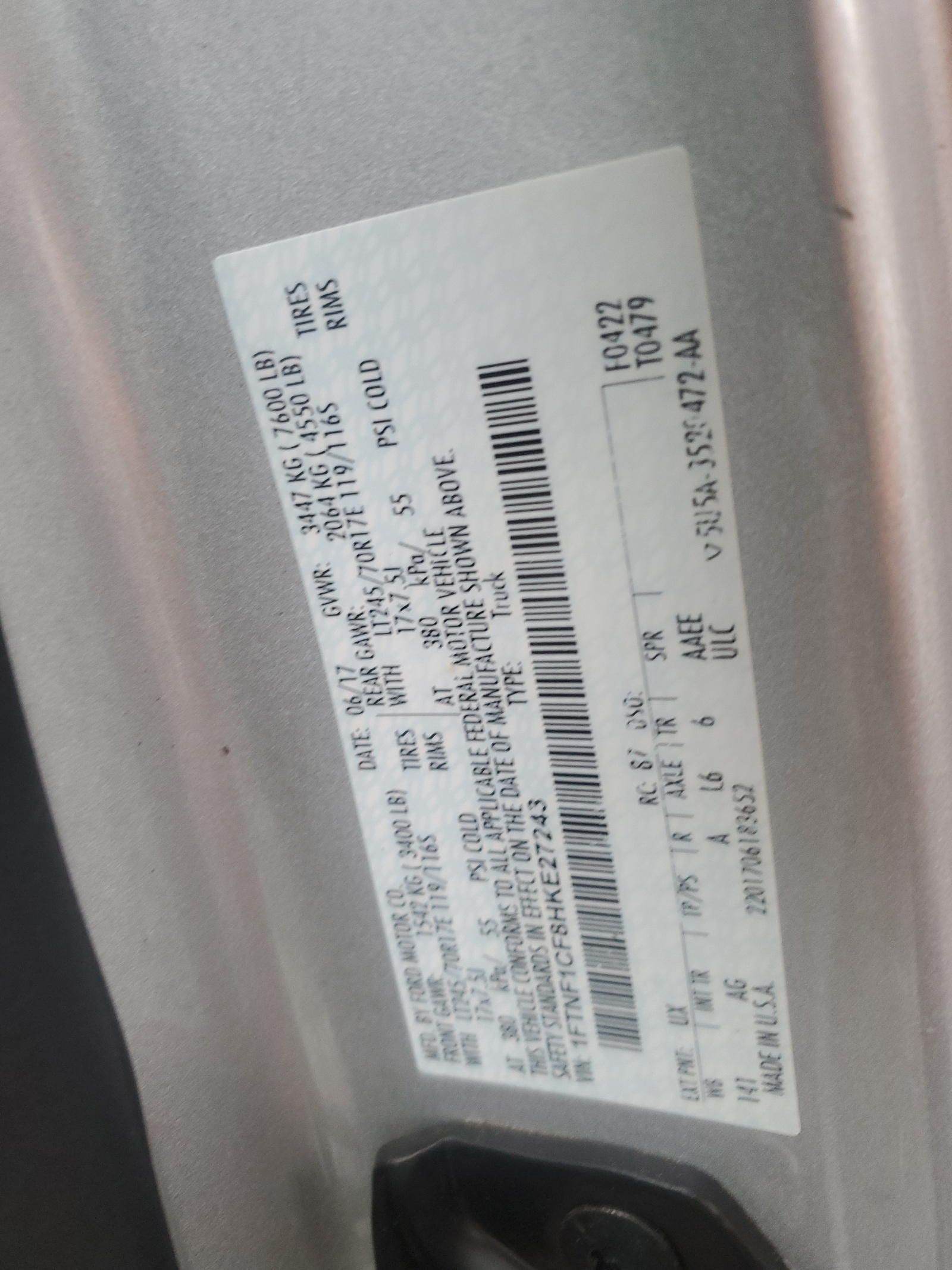 1FTNF1CF8HKE27243 2017 Ford F150