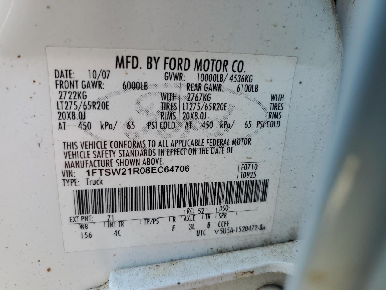 2008 Ford F250 Super Duty VIN: 1FTSW21R08EC64706 Lot: 81297984