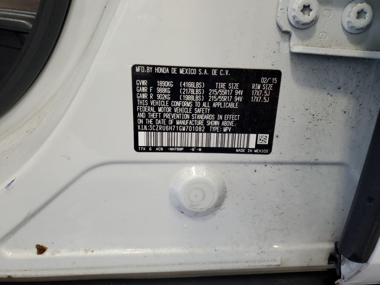 2016 Honda Hr-V Exl VIN: 3CZRU6H71GM701082 Lot: 64708284