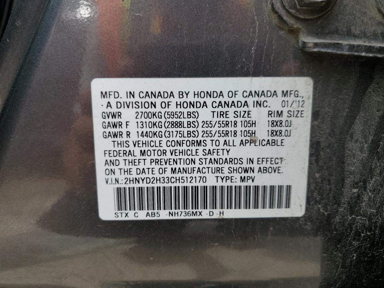 2012 Acura Mdx Technology VIN: 2HNYD2H33CH512170 Lot: 61732994