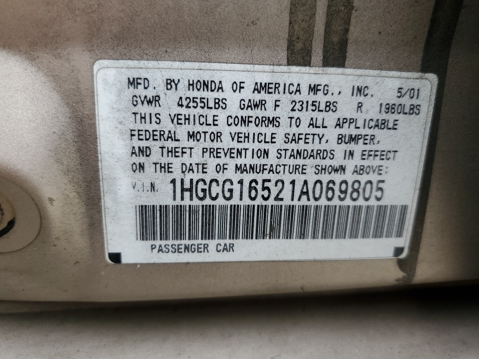 1HGCG16521A069805 2001 Honda Accord Ex