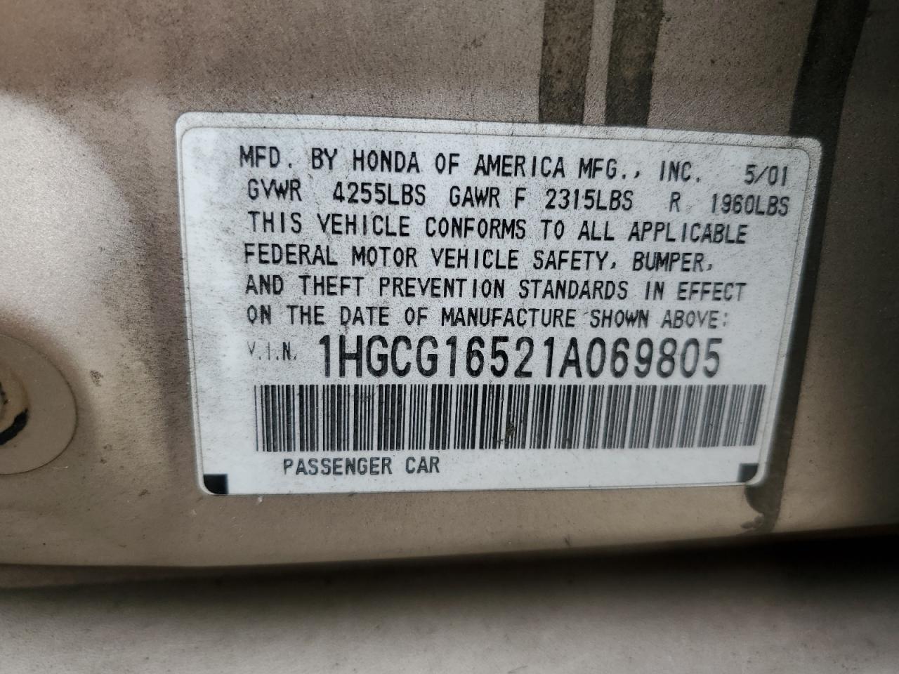 2001 Honda Accord Ex VIN: 1HGCG16521A069805 Lot: 64411524