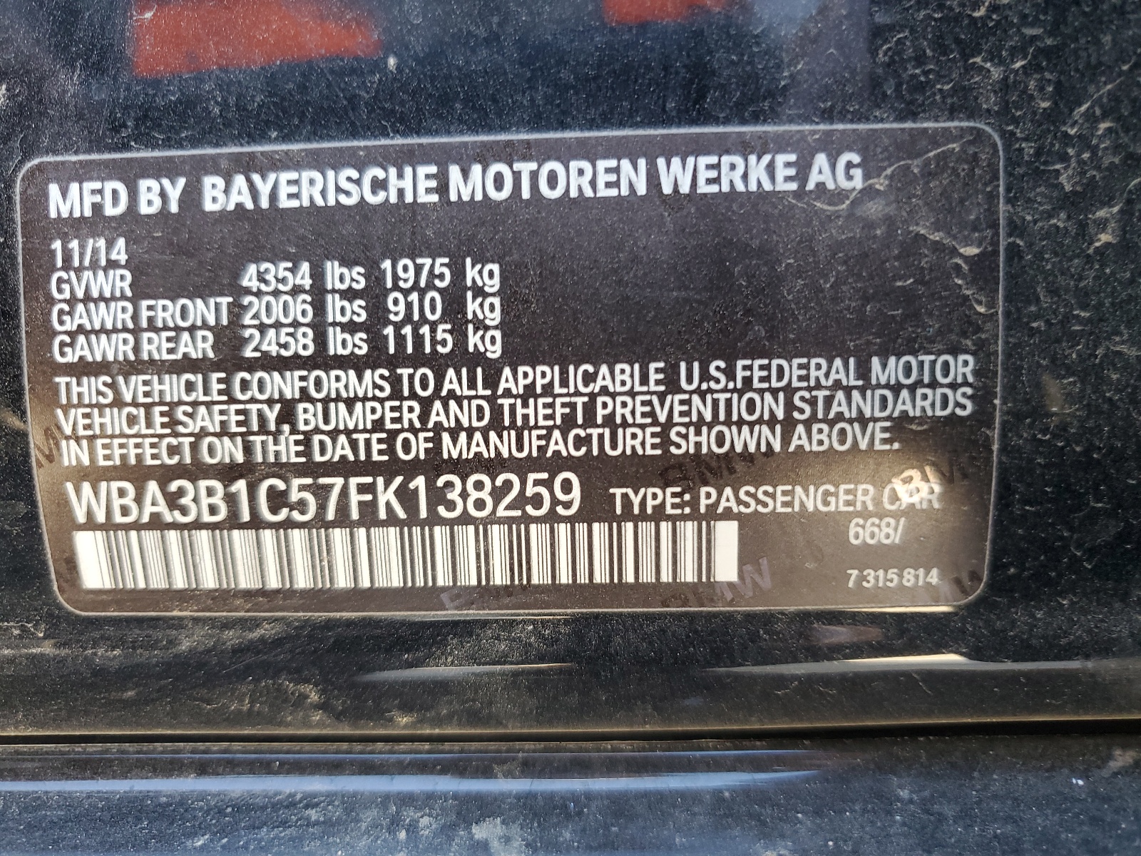 WBA3B1C57FK138259 2015 BMW 320 I