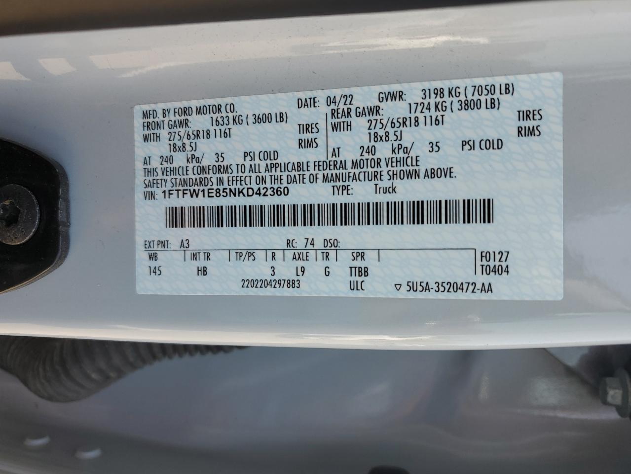 2022 Ford F150 Supercrew VIN: 1FTFW1E85NKD42360 Lot: 62954884