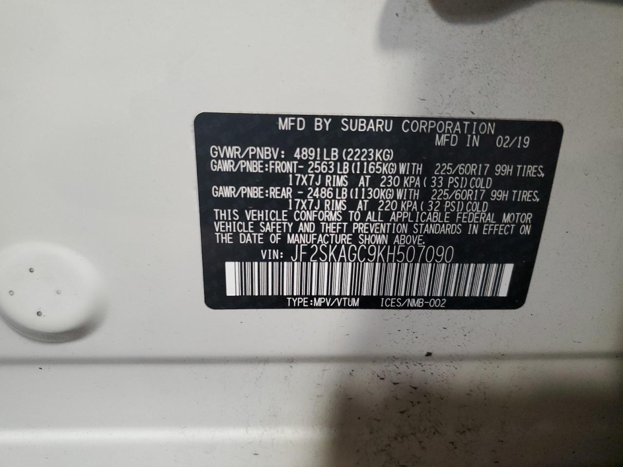 2019 Subaru Forester Premium VIN: JF2SKAGC9KH507090 Lot: 63484044