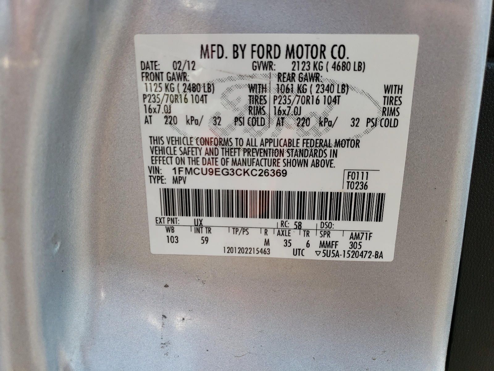 1FMCU9EG3CKC26369 2012 Ford Escape Limited
