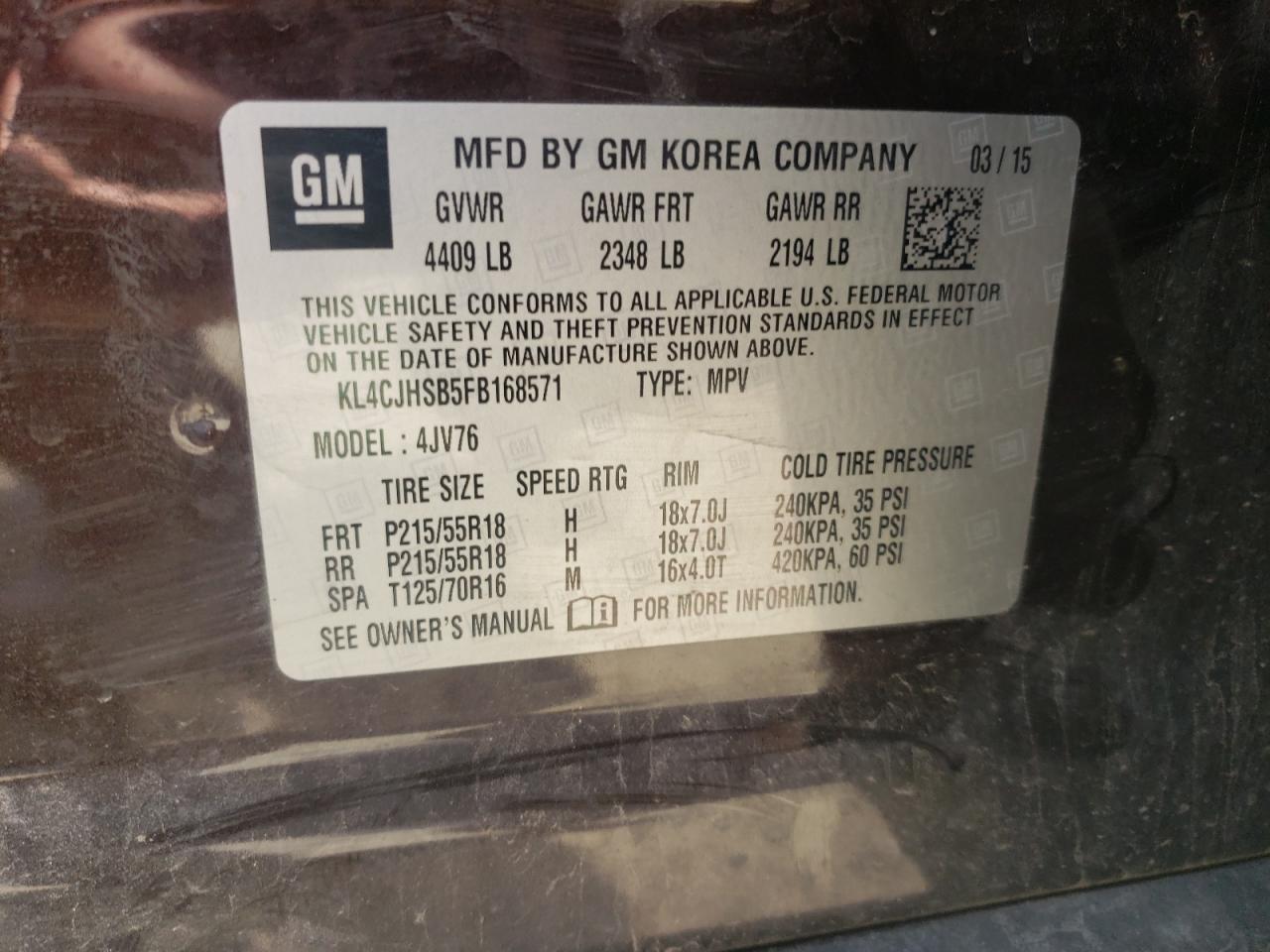 2015 Buick Encore Premium VIN: KL4CJHSB5FB168571 Lot: 63163434