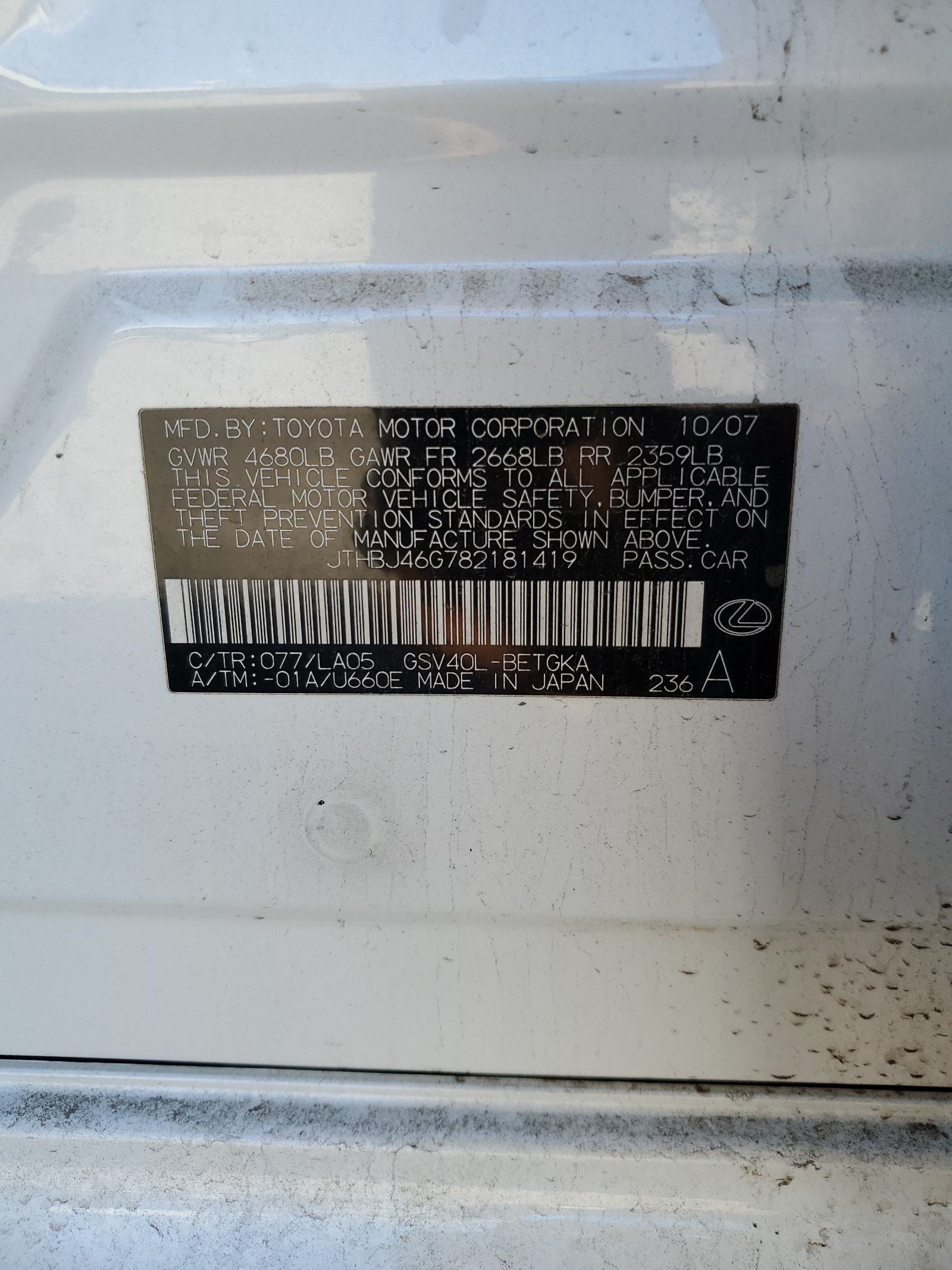 JTHBJ46G782181419 2008 Lexus Es 350