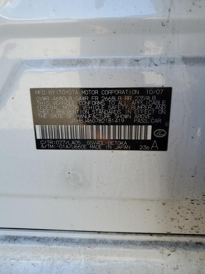 2008 Lexus Es 350 VIN: JTHBJ46G782181419 Lot: 61937614