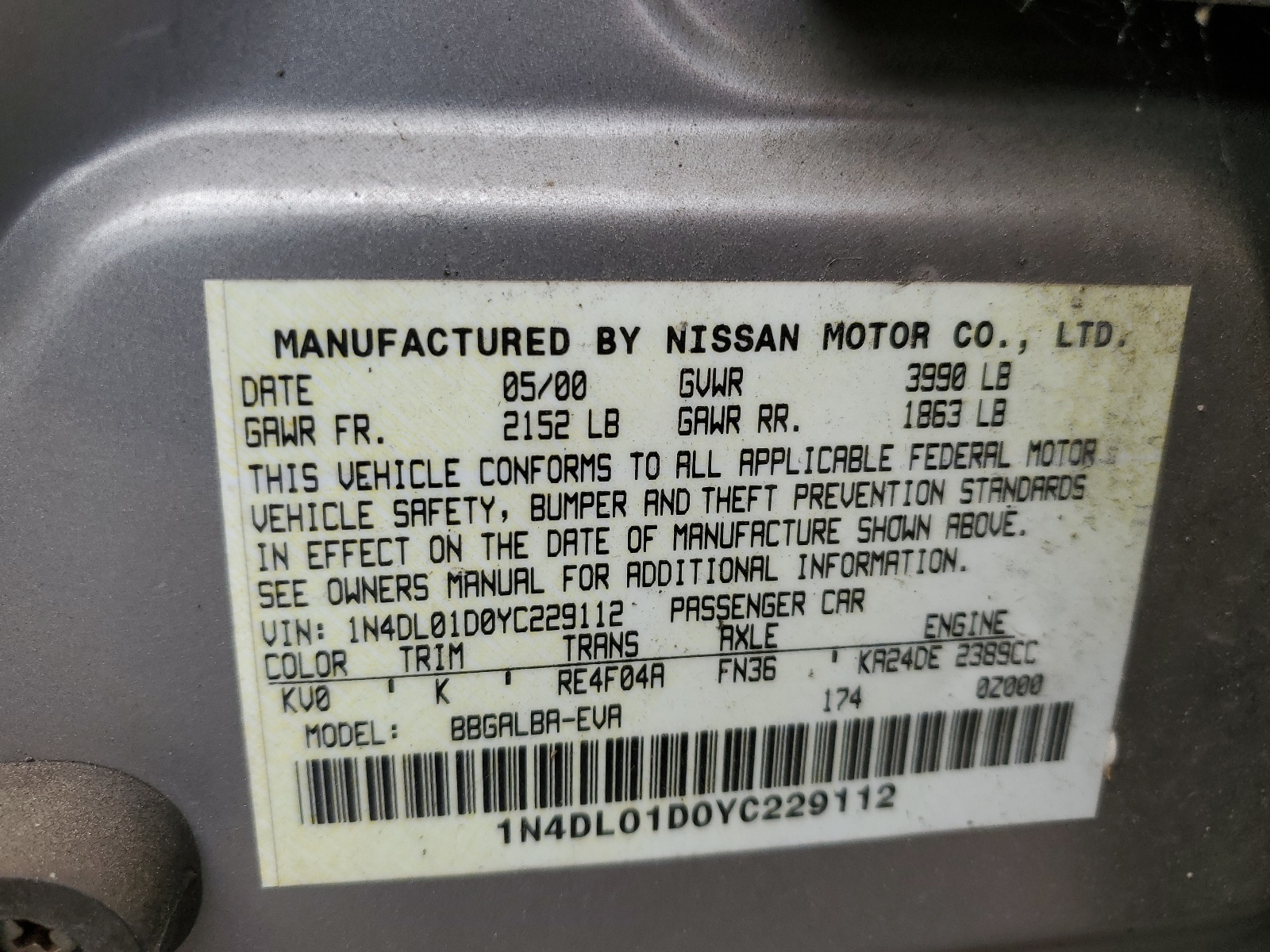 1N4DL01D0YC229112 2000 Nissan Altima Xe