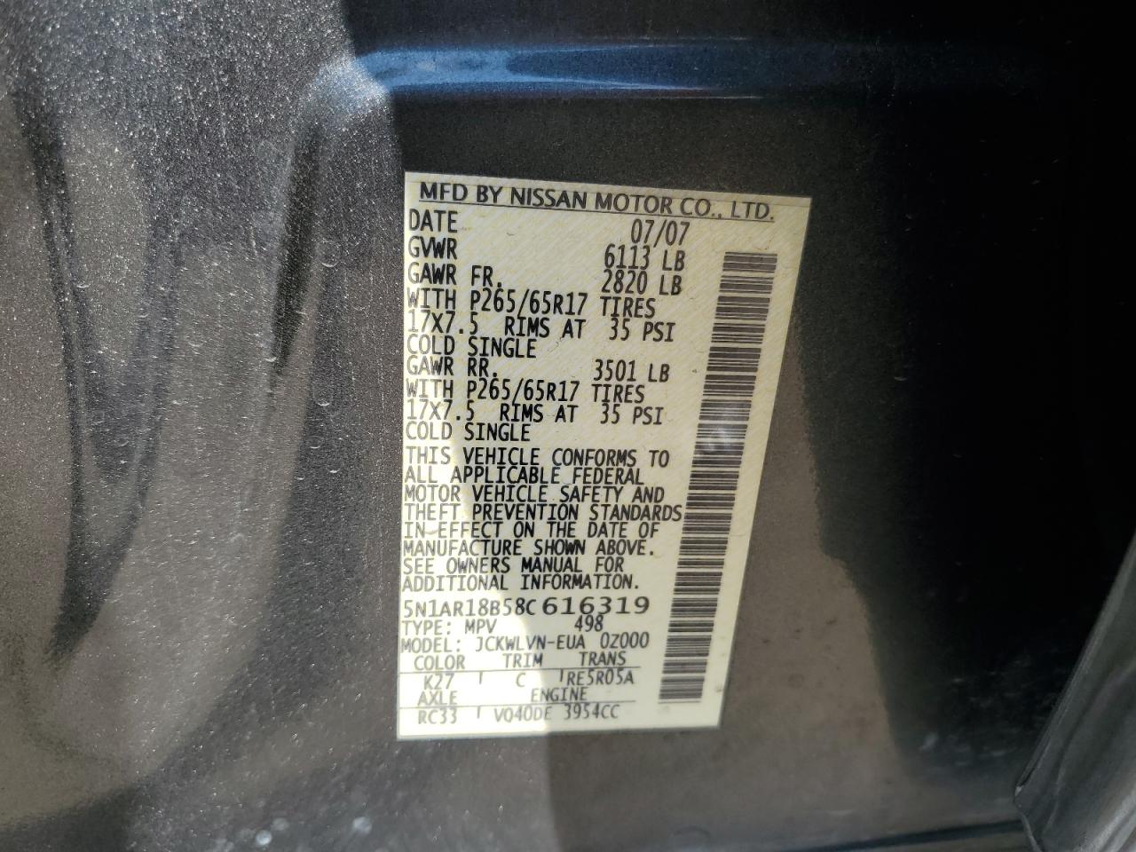 2008 Nissan Pathfinder S VIN: 5N1AR18B58C616319 Lot: 64252304