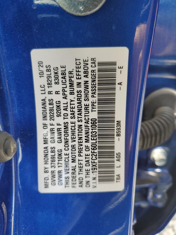2020 Honda Civic Lx VIN: 19XFC2F60LE031060 Lot: 63437614