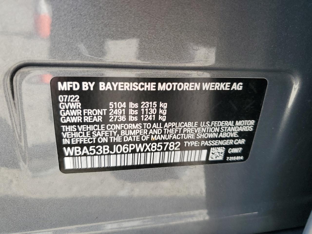 2023 BMW 540 I VIN: WBA53BJ06PWX85782 Lot: 62955034