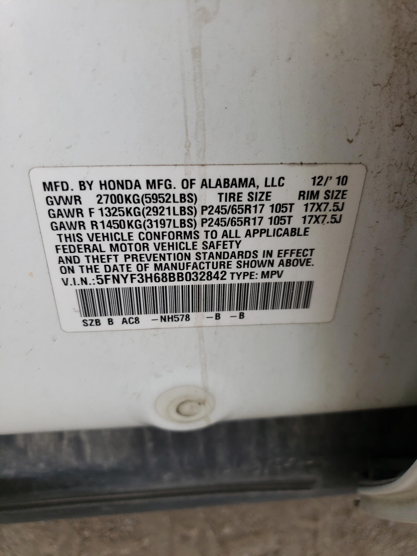 5FNYF3H68BB032842 2011 Honda Pilot Exl