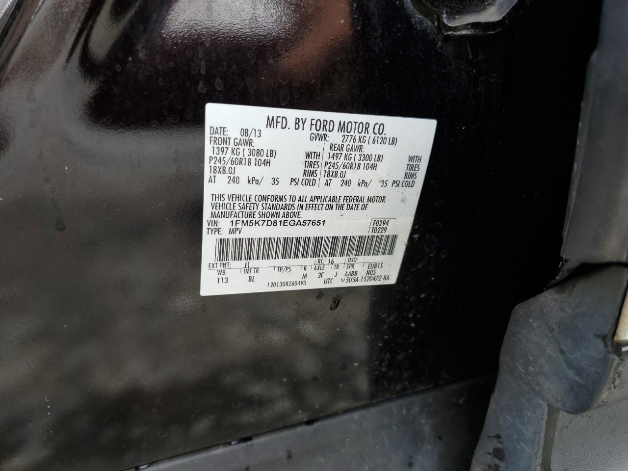 2014 Ford Explorer Xlt VIN: 1FM5K7D81EGA57651 Lot: 61714404