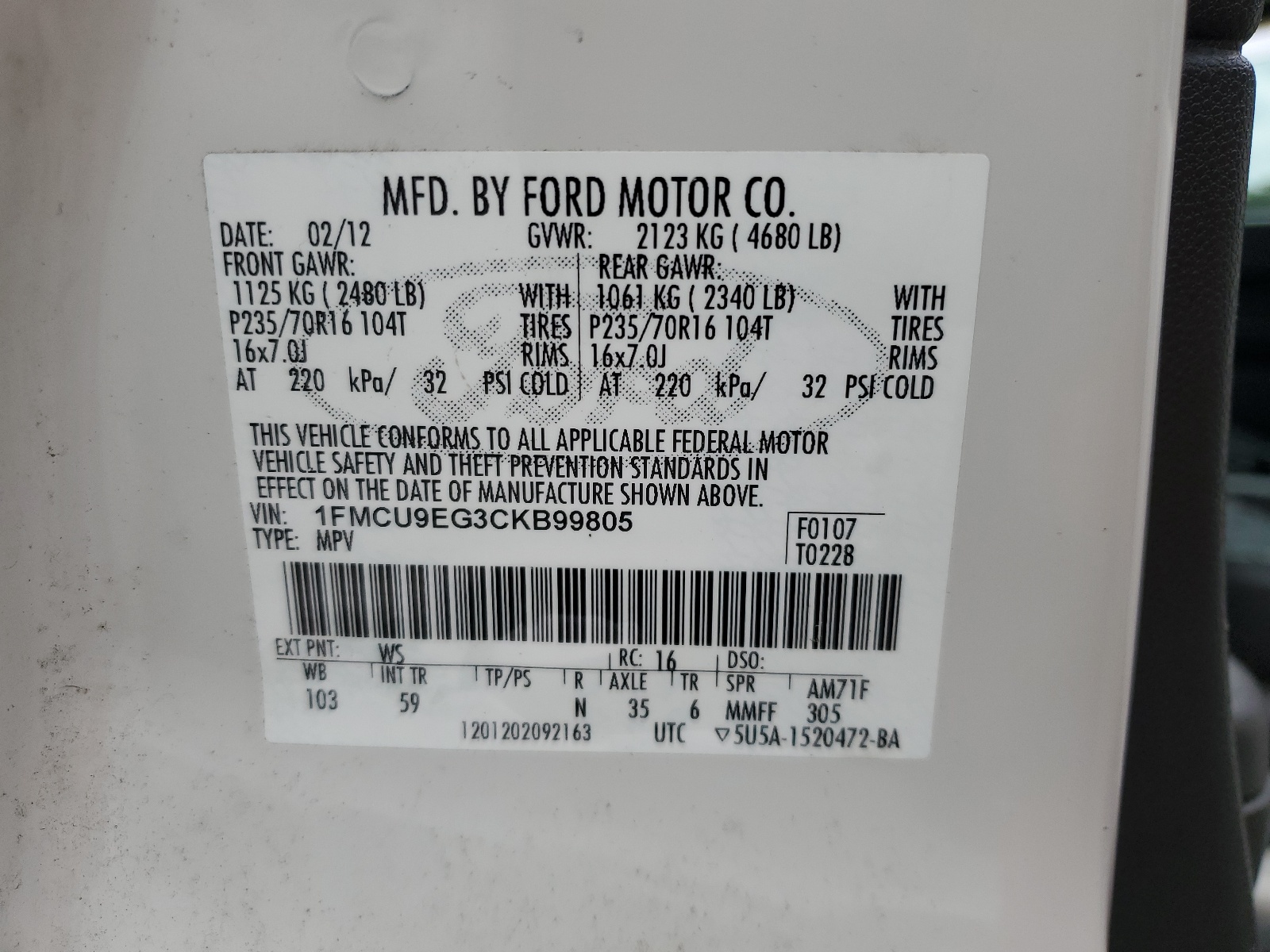 1FMCU9EG3CKB99805 2012 Ford Escape Limited