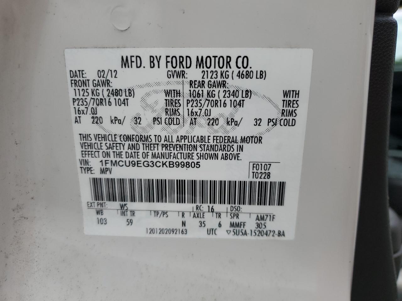 2012 Ford Escape Limited VIN: 1FMCU9EG3CKB99805 Lot: 63498044