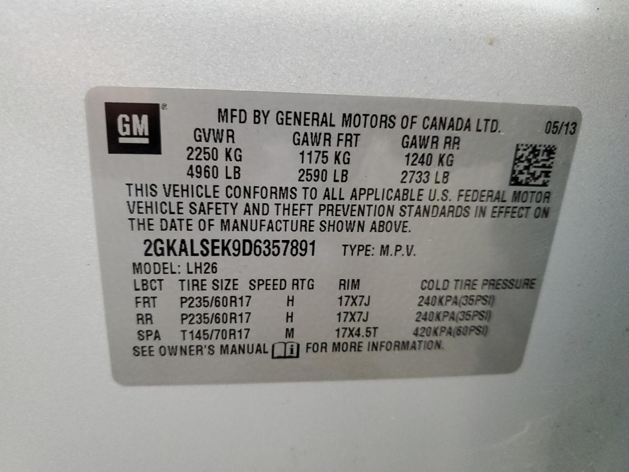 2013 GMC Terrain Sle VIN: 2GKALSEK9D6357891 Lot: 64101854