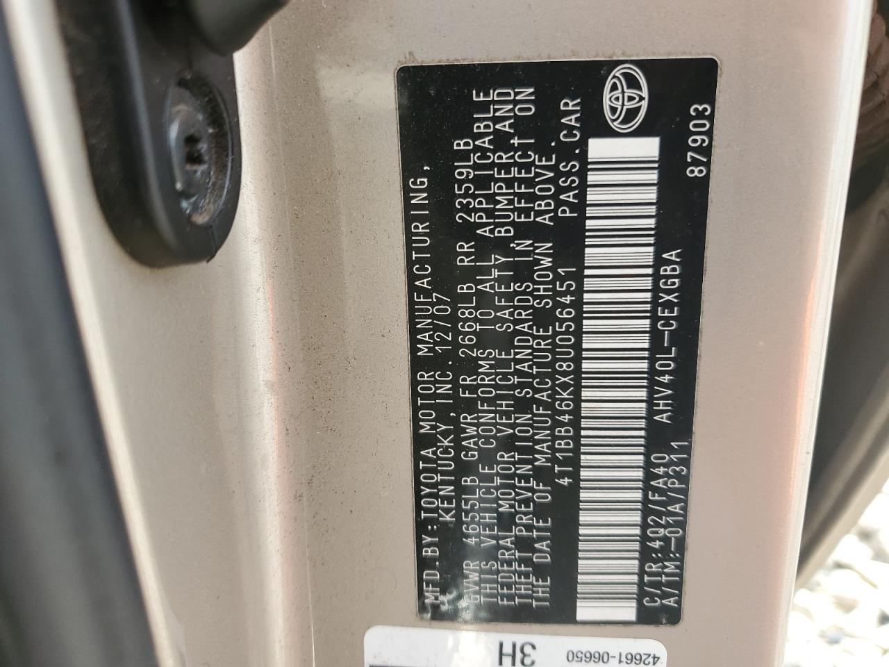 4T1BB46KX8U056451 2008 Toyota Camry Hybrid