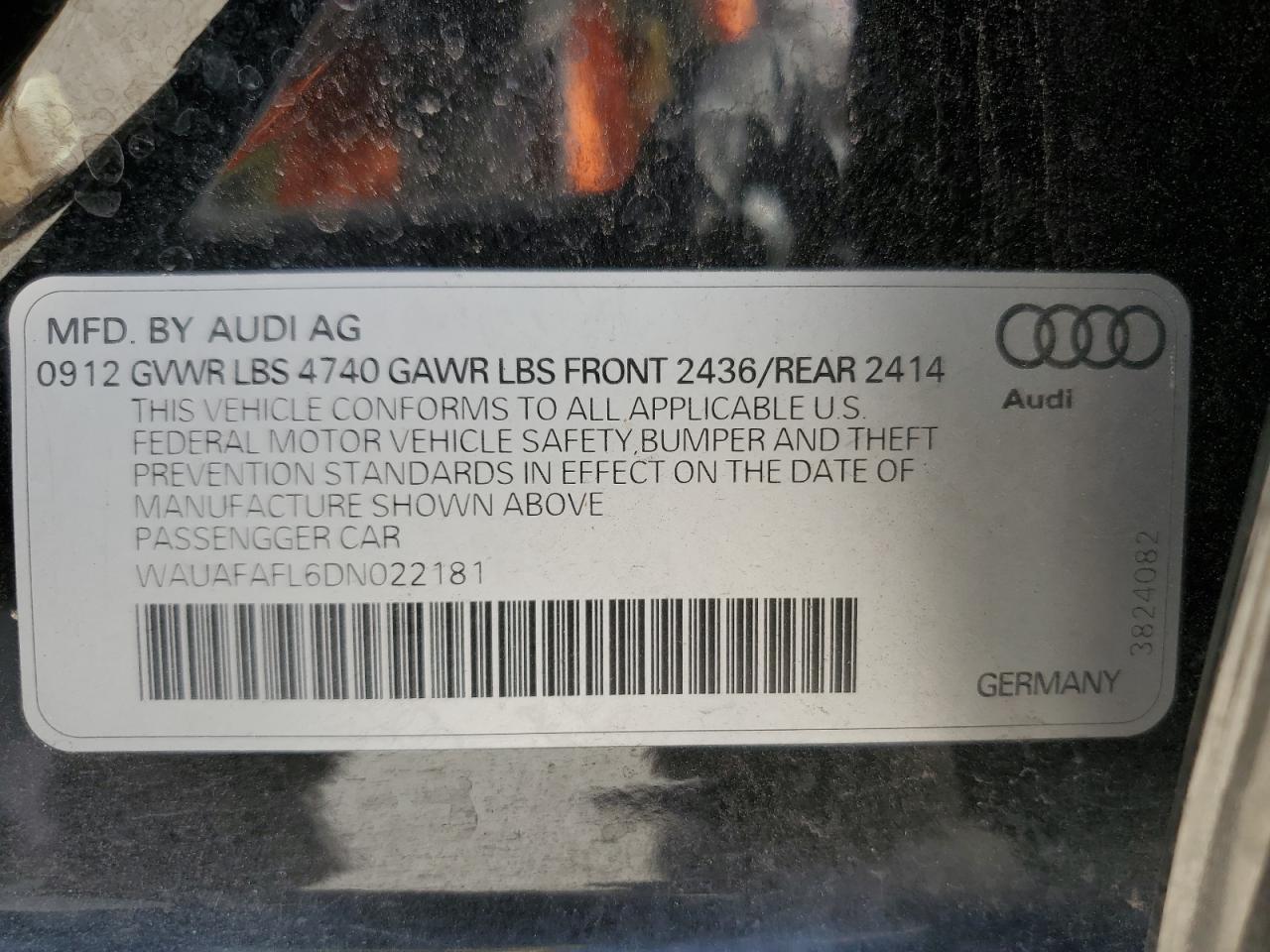 2013 Audi A4 Premium VIN: WAUAFAFL6DN022181 Lot: 61886344