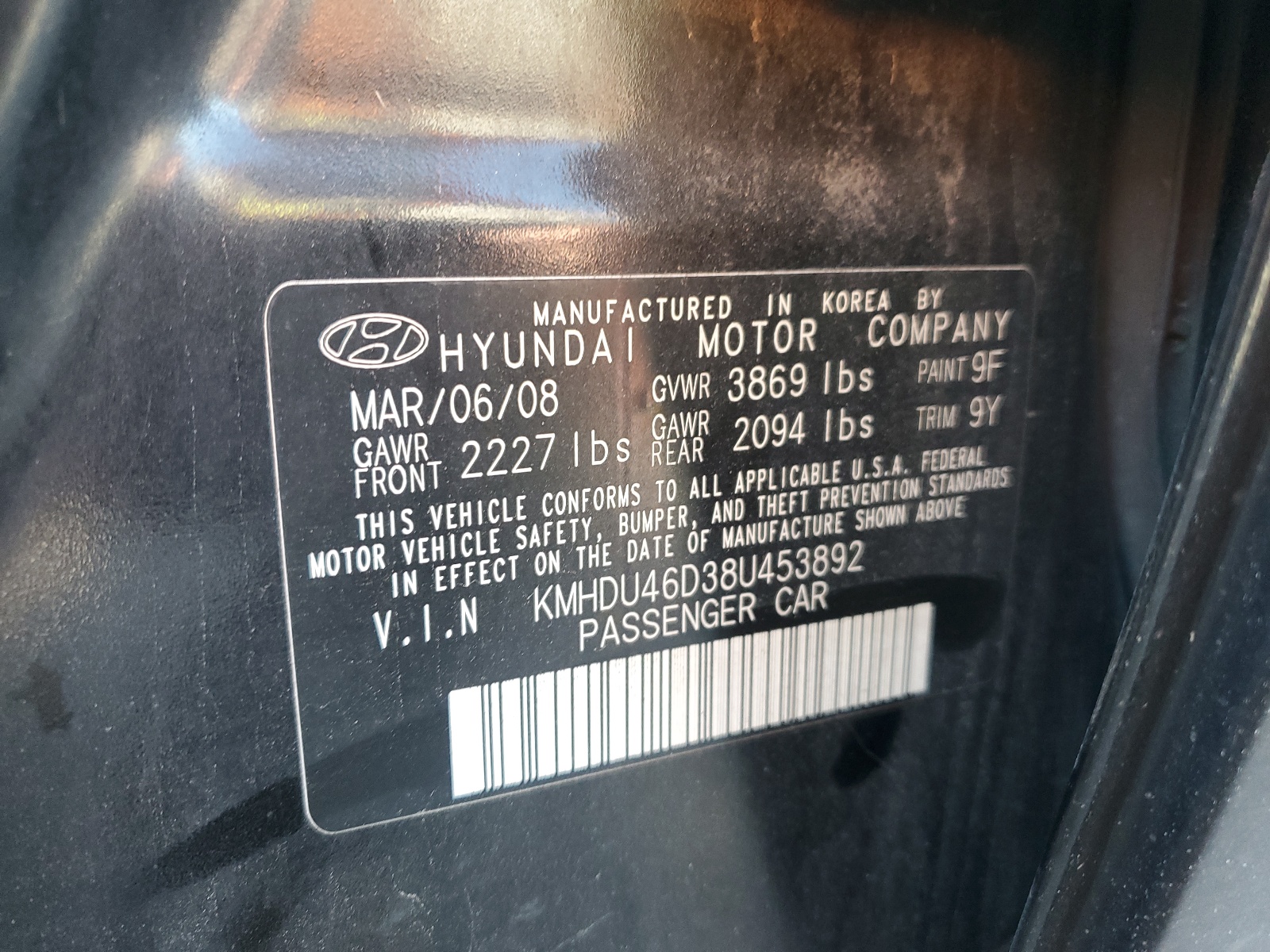 KMHDU46D38U453892 2008 Hyundai Elantra Gls
