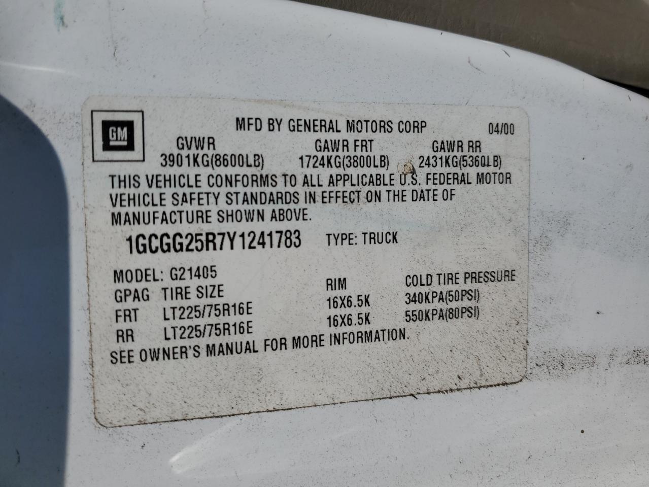 2000 Chevrolet Express G2500 VIN: 1GCGG25R7Y1241783 Lot: 65074934