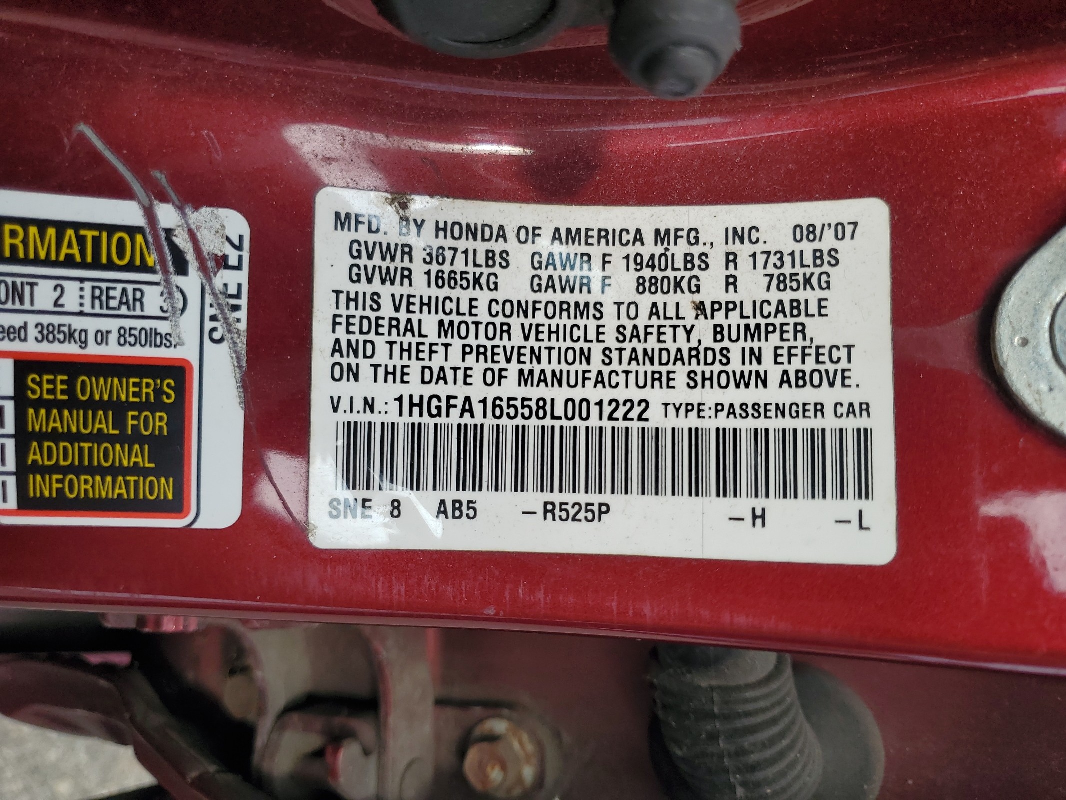 1HGFA16558L001222 2008 Honda Civic Lx