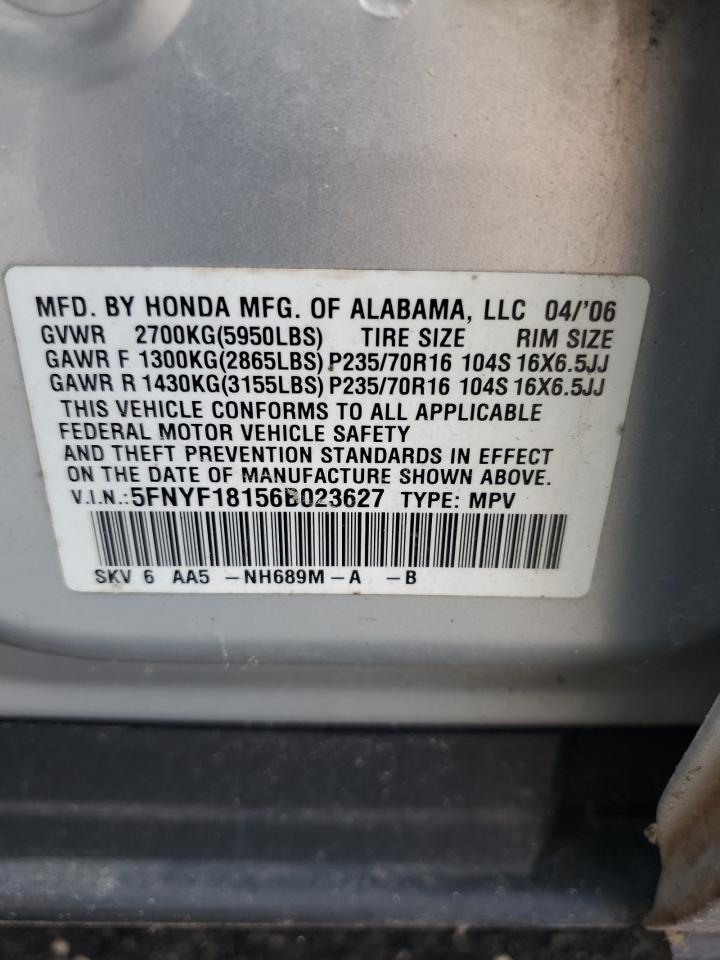 2006 Honda Pilot Lx VIN: 5FNYF18156B023627 Lot: 64839494