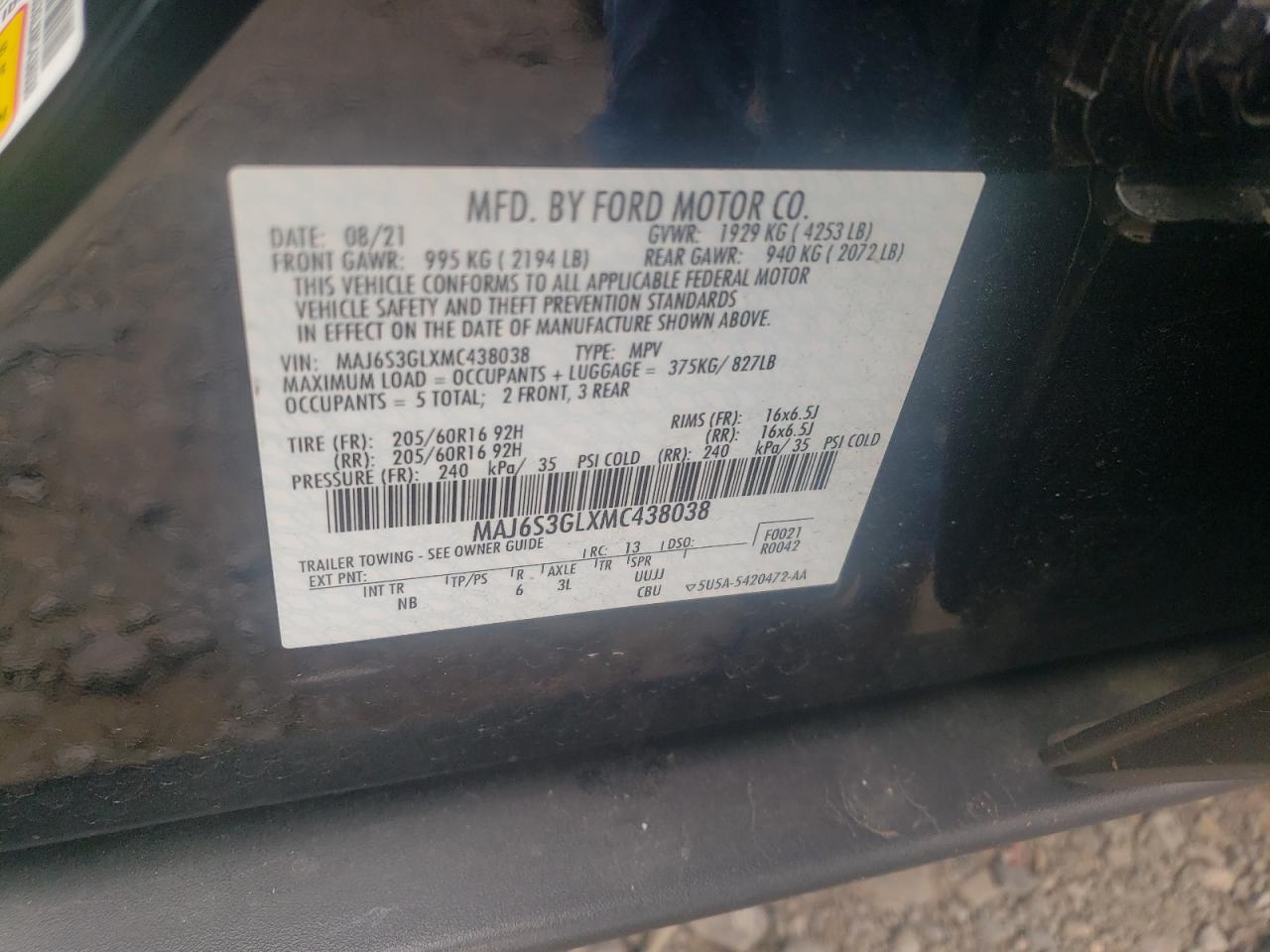 2021 Ford Ecosport Se VIN: MAJ6S3GLXMC438038 Lot: 63825634