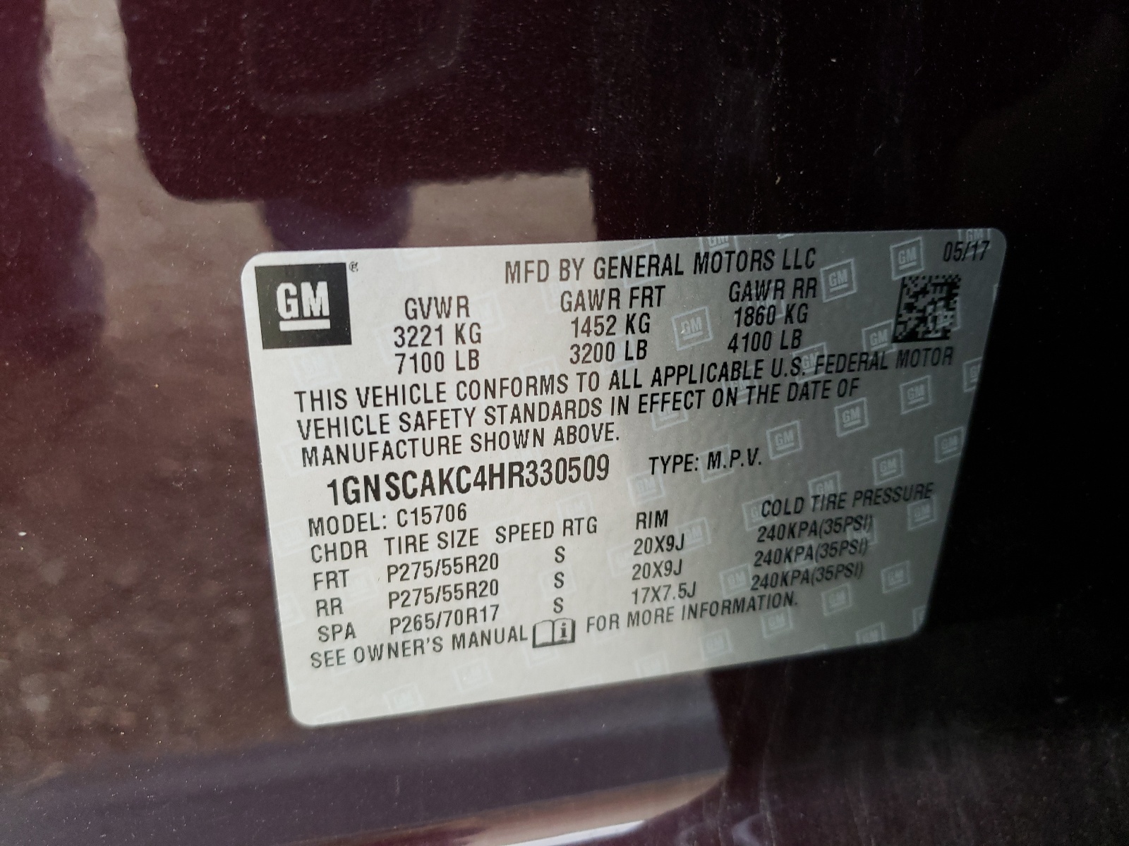 1GNSCAKC4HR330509 2017 Chevrolet Tahoe C1500 Ls