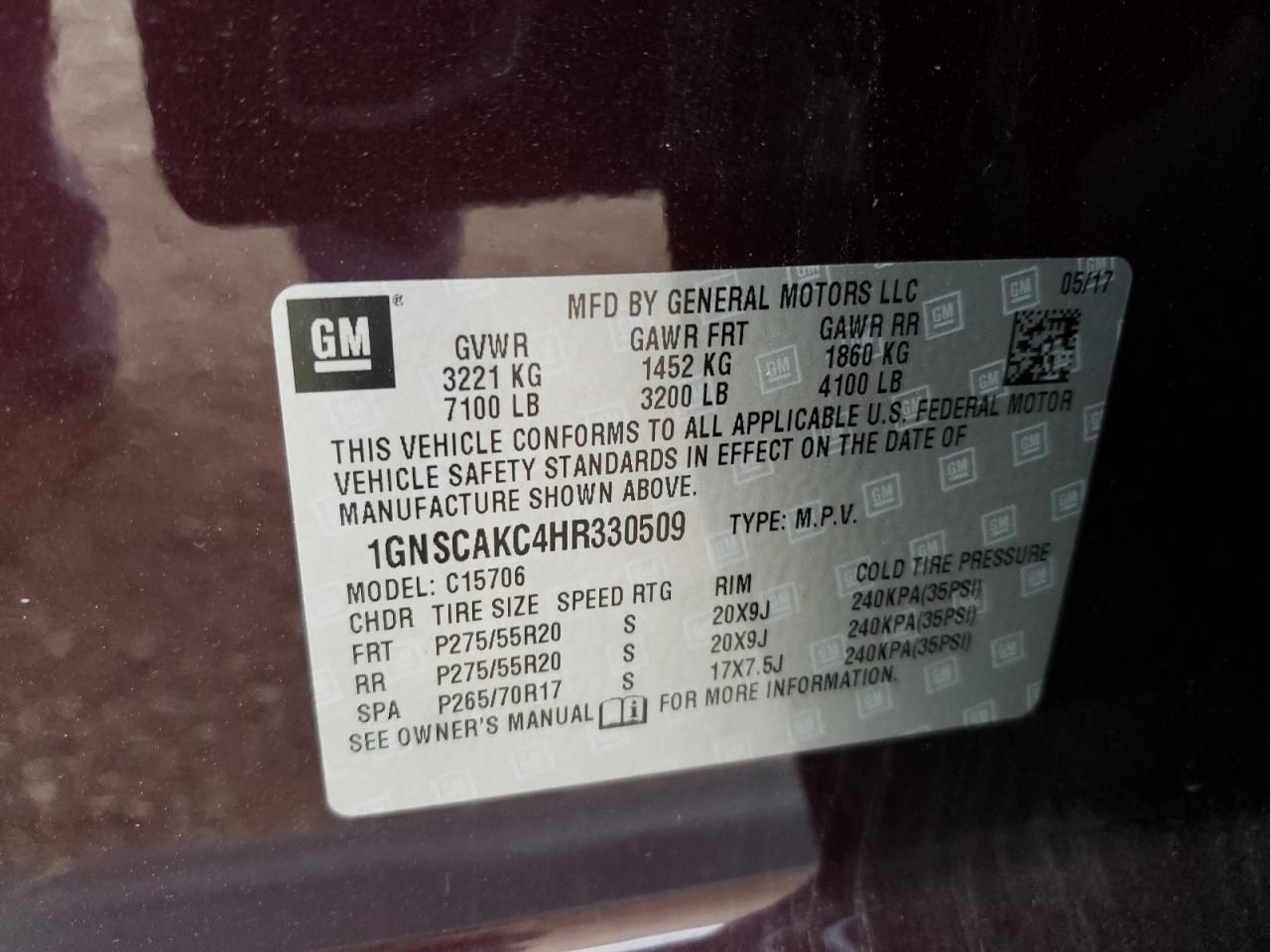 2017 Chevrolet Tahoe C1500 Ls VIN: 1GNSCAKC4HR330509 Lot: 63387344