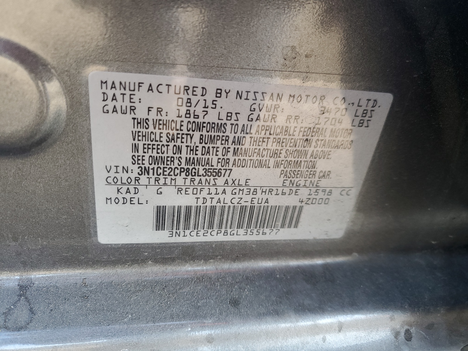 3N1CE2CP8GL355677 2016 Nissan Versa Note S