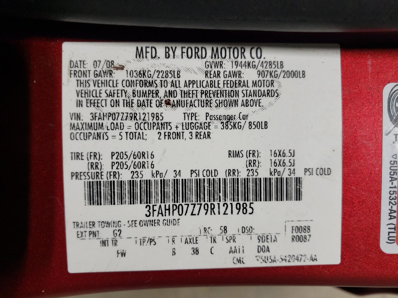 2009 Ford Fusion Se VIN: 3FAHP07Z79R121985 Lot: 64169914