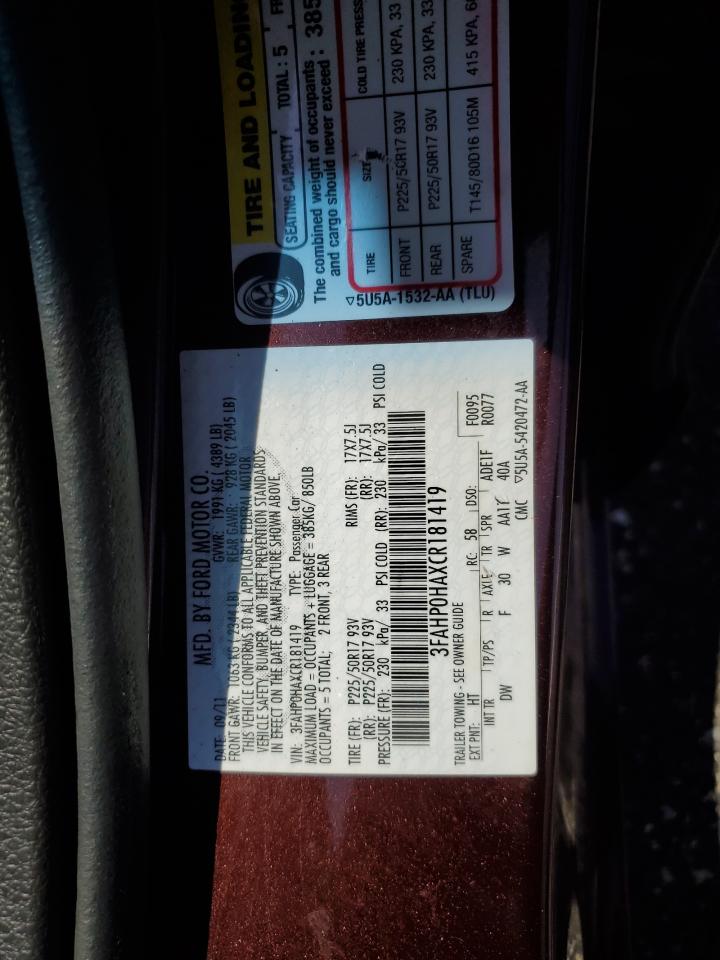 2012 Ford Fusion Se VIN: 3FAHP0HAXCR181419 Lot: 62665724