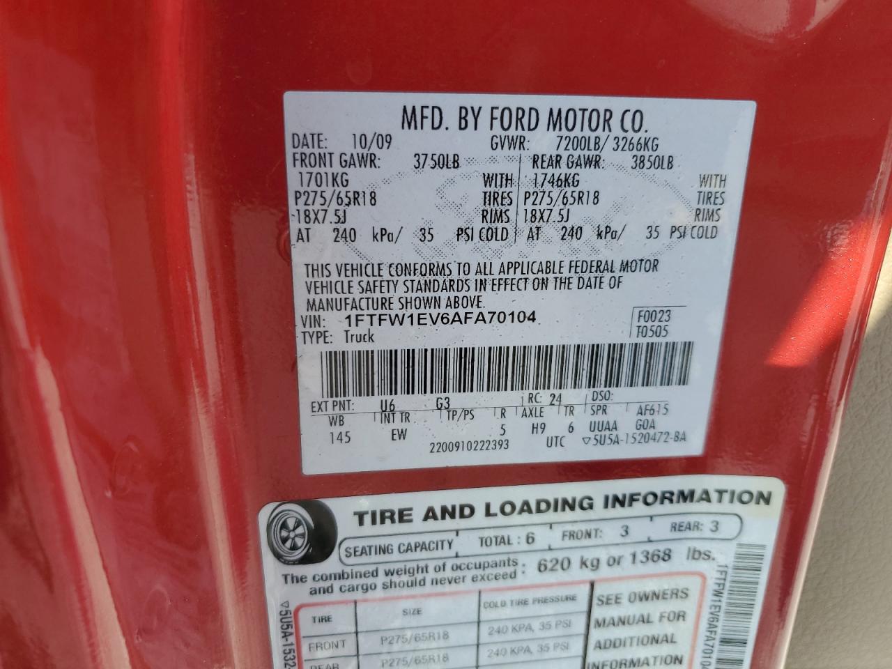 2010 Ford F150 Supercrew VIN: 1FTFW1EV6AFA70104 Lot: 62859294